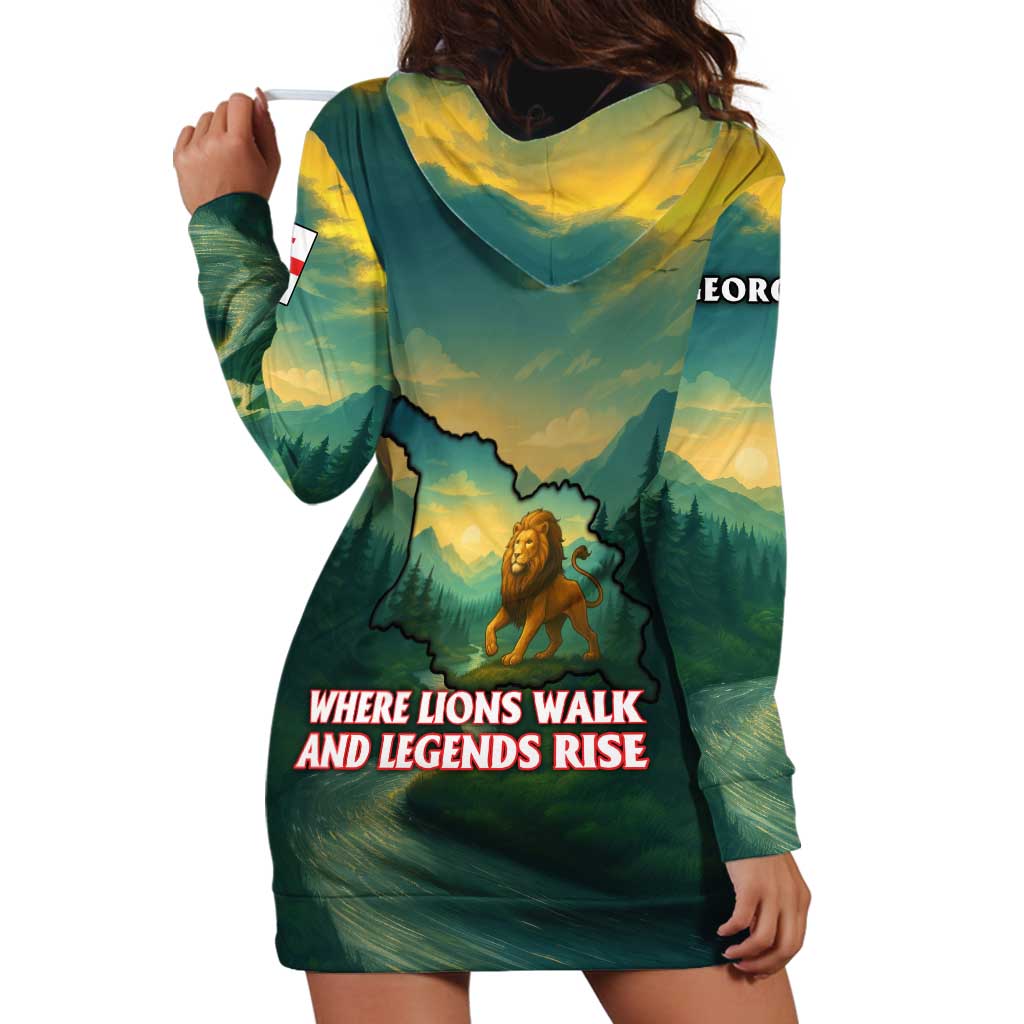 Georgia Hoodie Dress with Green Mountain Landscape with Map Outline Lion and Legends Rise Quote Design - Wonder Print Shop