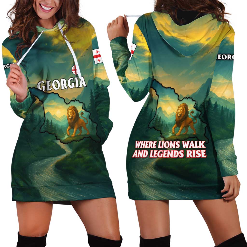 Georgia Hoodie Dress with Green Mountain Landscape with Map Outline Lion and Legends Rise Quote Design - Wonder Print Shop