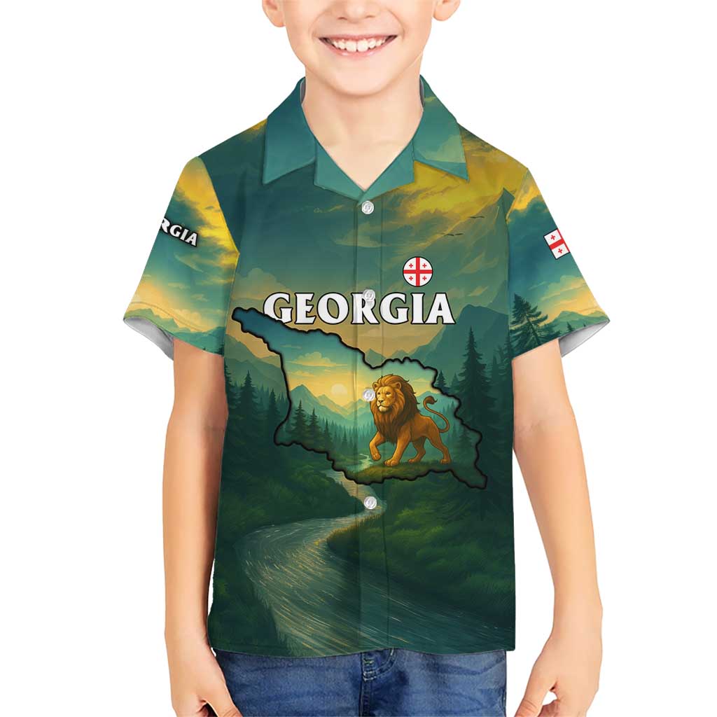 Georgia Kid Hawaiian Shirt with Green Mountain Landscape with Map Outline Lion and Legends Rise Quote Design - Wonder Print Shop