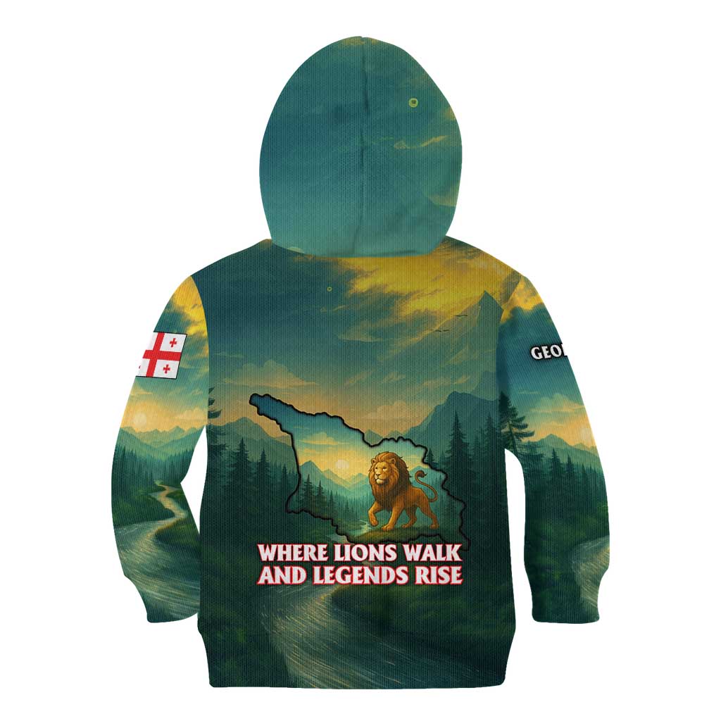 Georgia Kid Hoodie with Green Mountain Landscape with Map Outline Lion and Legends Rise Quote Design - Wonder Print Shop