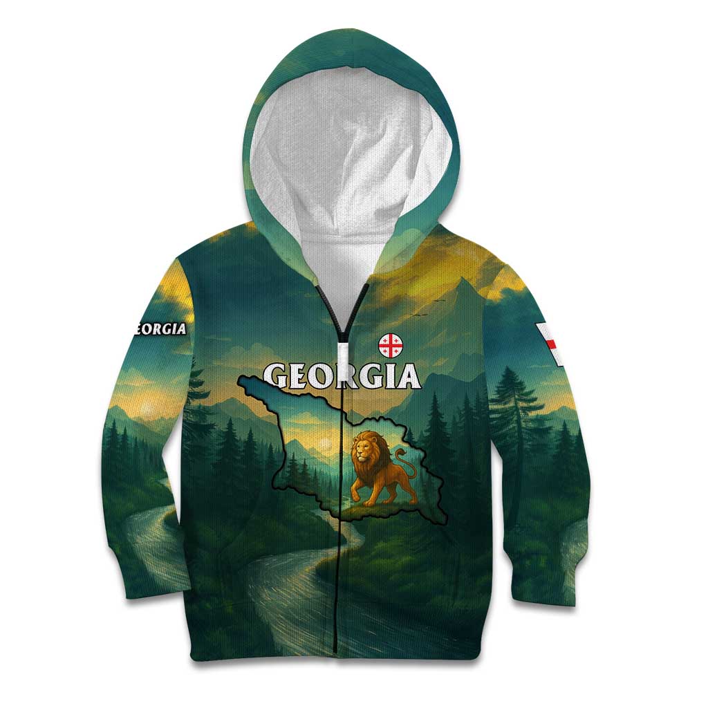 Georgia Kid Hoodie with Green Mountain Landscape with Map Outline Lion and Legends Rise Quote Design - Wonder Print Shop