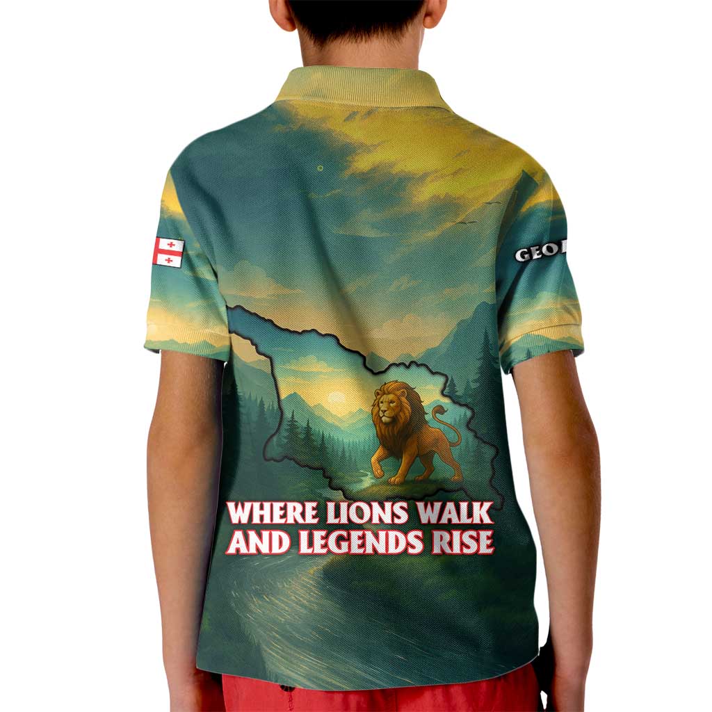 Georgia Kid Polo Shirt with Green Mountain Landscape with Map Outline Lion and Legends Rise Quote Design - Wonder Print Shop
