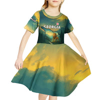 Georgia Kid Short Sleeve Dress with Green Mountain Landscape with Map Outline Lion and Legends Rise Quote Design - Wonder Print Shop