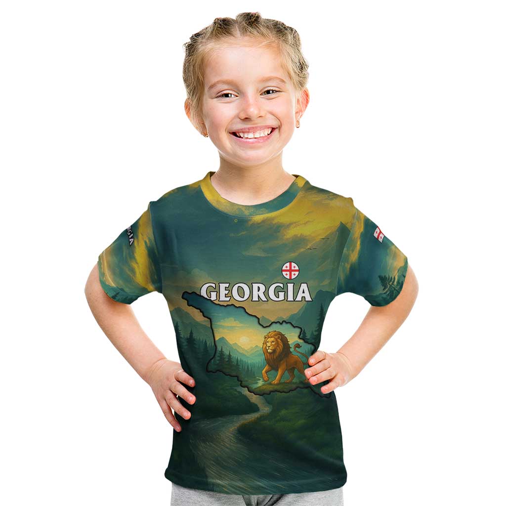 Georgia Kid T Shirt with Green Mountain Landscape with Map Outline Lion and Legends Rise Quote Design - Wonder Print Shop