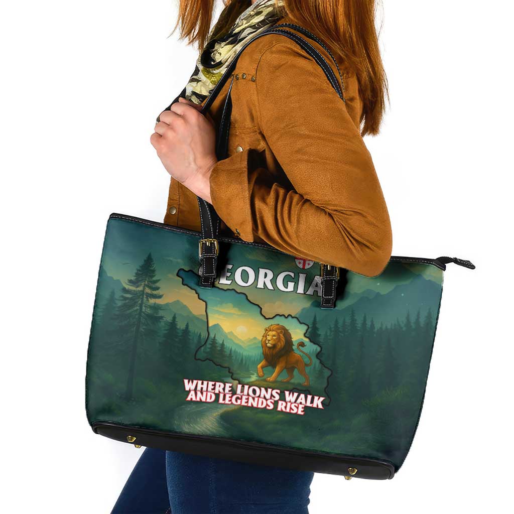 Georgia Leather Tote Bag with Green Mountain Landscape with Map Outline Lion and Legends Rise Quote Design - Wonder Print Shop