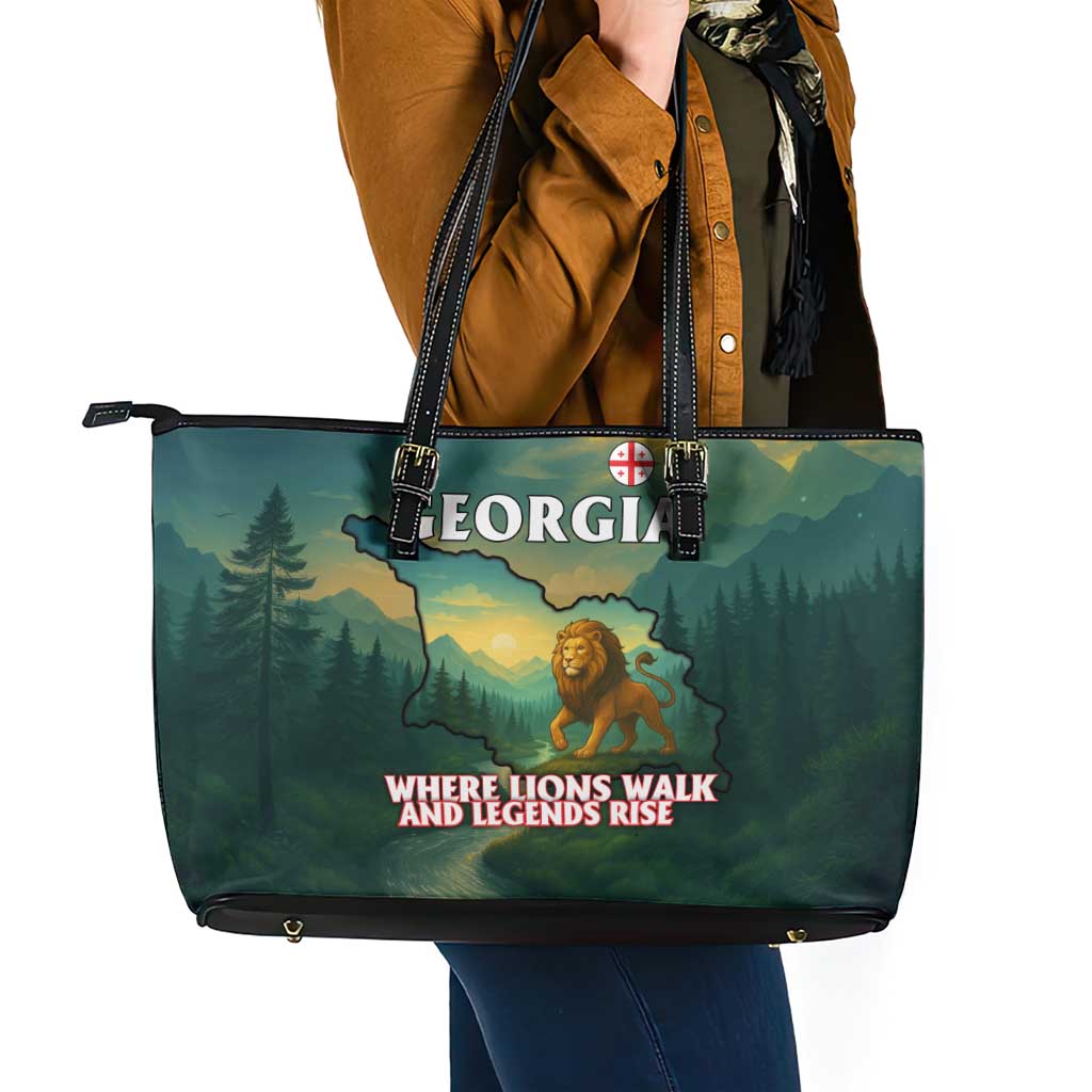 Georgia Leather Tote Bag with Green Mountain Landscape with Map Outline Lion and Legends Rise Quote Design - Wonder Print Shop