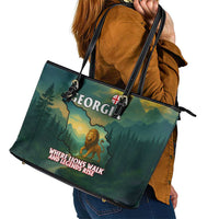 Georgia Leather Tote Bag with Green Mountain Landscape with Map Outline Lion and Legends Rise Quote Design - Wonder Print Shop