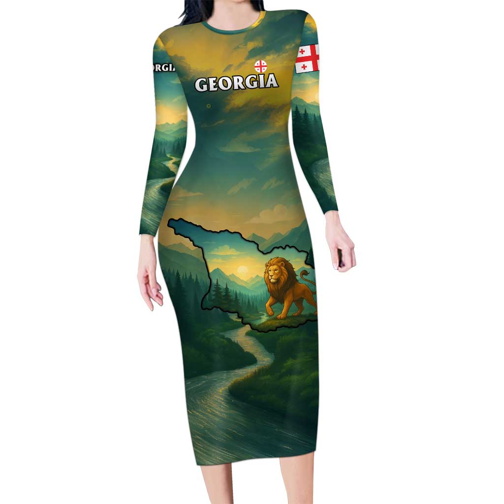 Georgia Long Sleeve Bodycon Dress with Green Mountain Landscape with Map Outline Lion and Legends Rise Quote Design - Wonder Print Shop