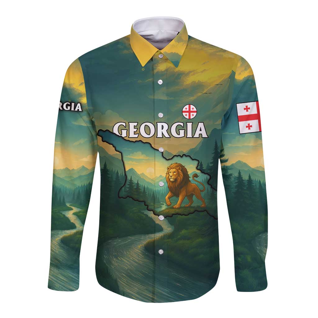 Georgia Long Sleeve Button Shirt with Green Mountain Landscape with Map Outline Lion and Legends Rise Quote Design - Wonder Print Shop