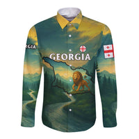 Georgia Long Sleeve Button Shirt with Green Mountain Landscape with Map Outline Lion and Legends Rise Quote Design - Wonder Print Shop