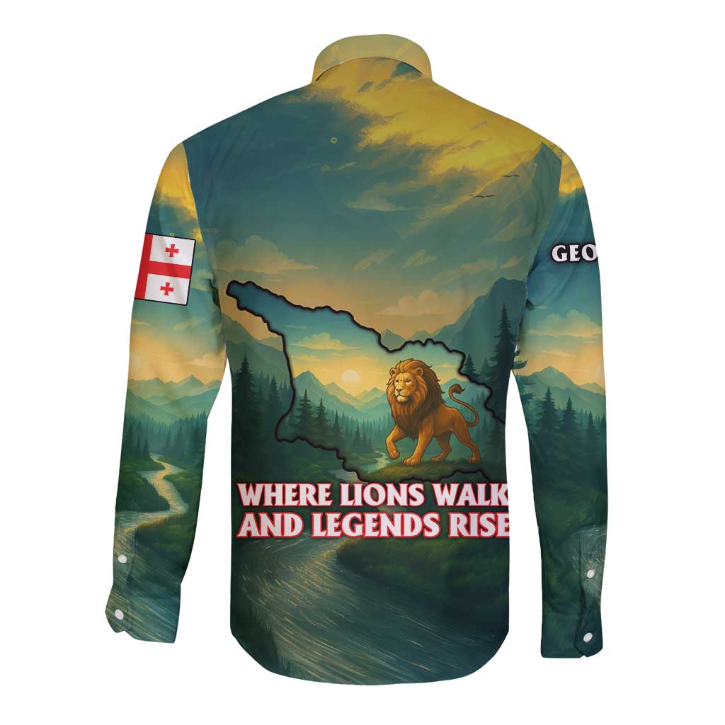Georgia Long Sleeve Button Shirt with Green Mountain Landscape with Map Outline Lion and Legends Rise Quote Design - Wonder Print Shop