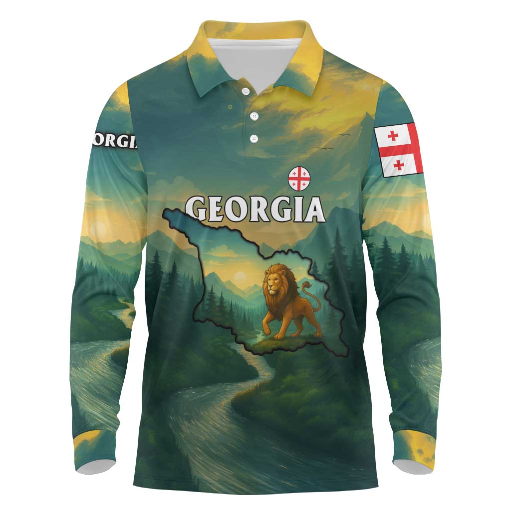 Georgia Long Sleeve Polo Shirt with Green Mountain Landscape with Map Outline Lion and Legends Rise Quote Design - Wonder Print Shop