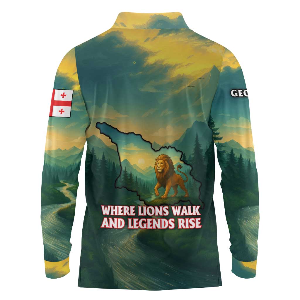 Georgia Long Sleeve Polo Shirt with Green Mountain Landscape with Map Outline Lion and Legends Rise Quote Design - Wonder Print Shop