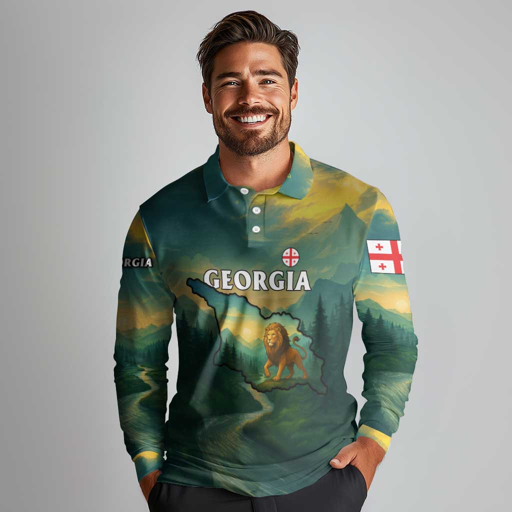 Georgia Long Sleeve Polo Shirt with Green Mountain Landscape with Map Outline Lion and Legends Rise Quote Design - Wonder Print Shop