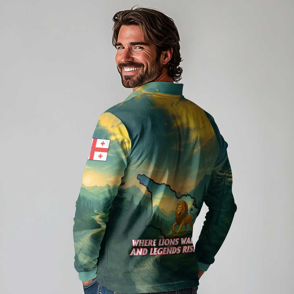 Georgia Long Sleeve Polo Shirt with Green Mountain Landscape with Map Outline Lion and Legends Rise Quote Design - Wonder Print Shop