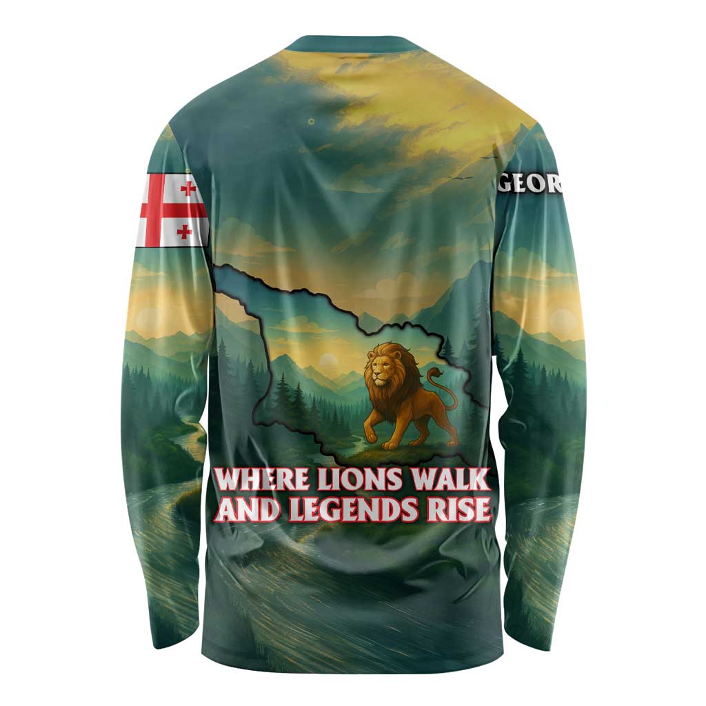 Georgia Long Sleeve Shirt with Green Mountain Landscape with Map Outline Lion and Legends Rise Quote Design - Wonder Print Shop