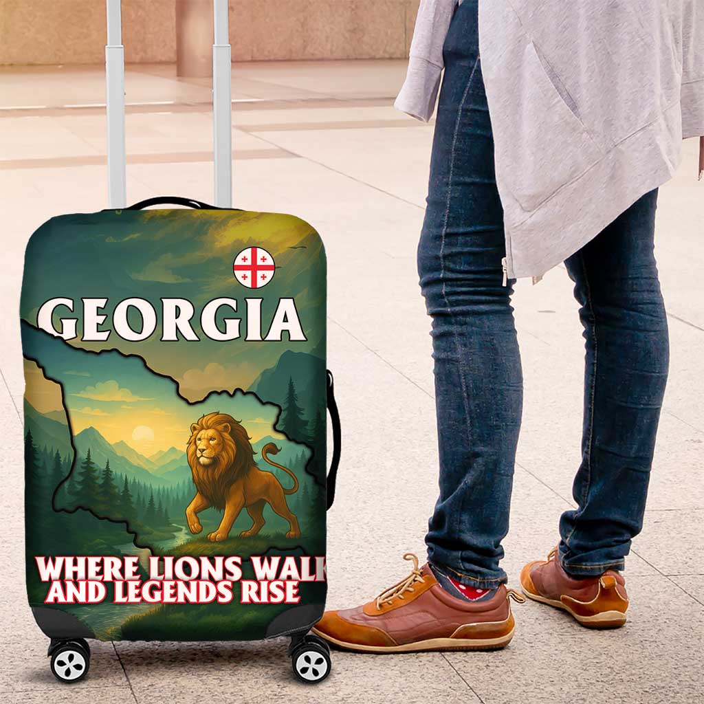 Georgia Luggage Cover with Green Mountain Landscape with Map Outline Lion and Legends Rise Quote Design - Wonder Print Shop