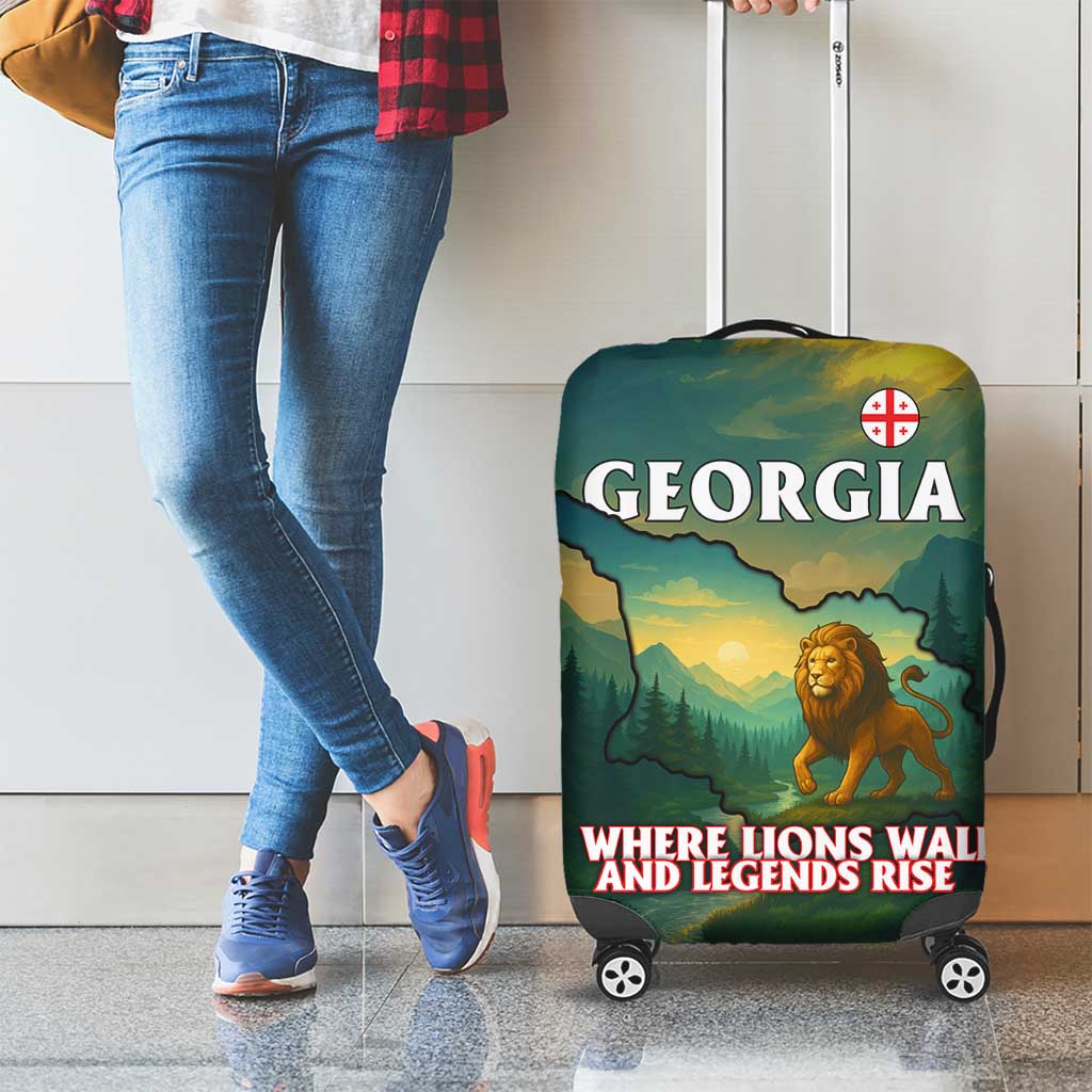 Georgia Luggage Cover with Green Mountain Landscape with Map Outline Lion and Legends Rise Quote Design - Wonder Print Shop