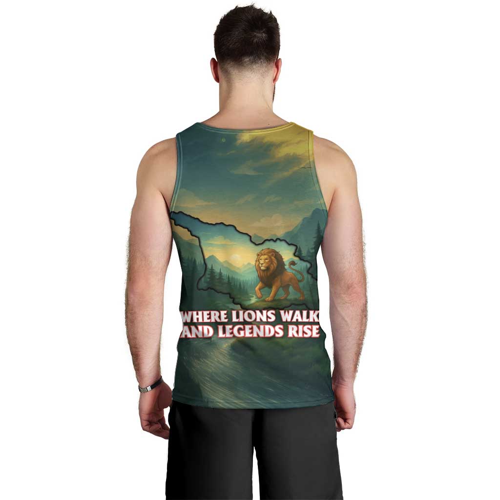 Georgia Men Tank Top with Green Mountain Landscape with Map Outline Lion and Legends Rise Quote Design - Wonder Print Shop