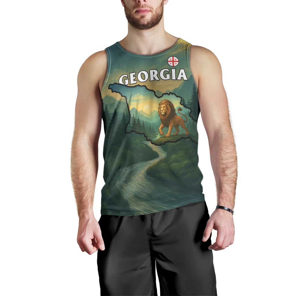 Georgia Men Tank Top with Green Mountain Landscape with Map Outline Lion and Legends Rise Quote Design - Wonder Print Shop