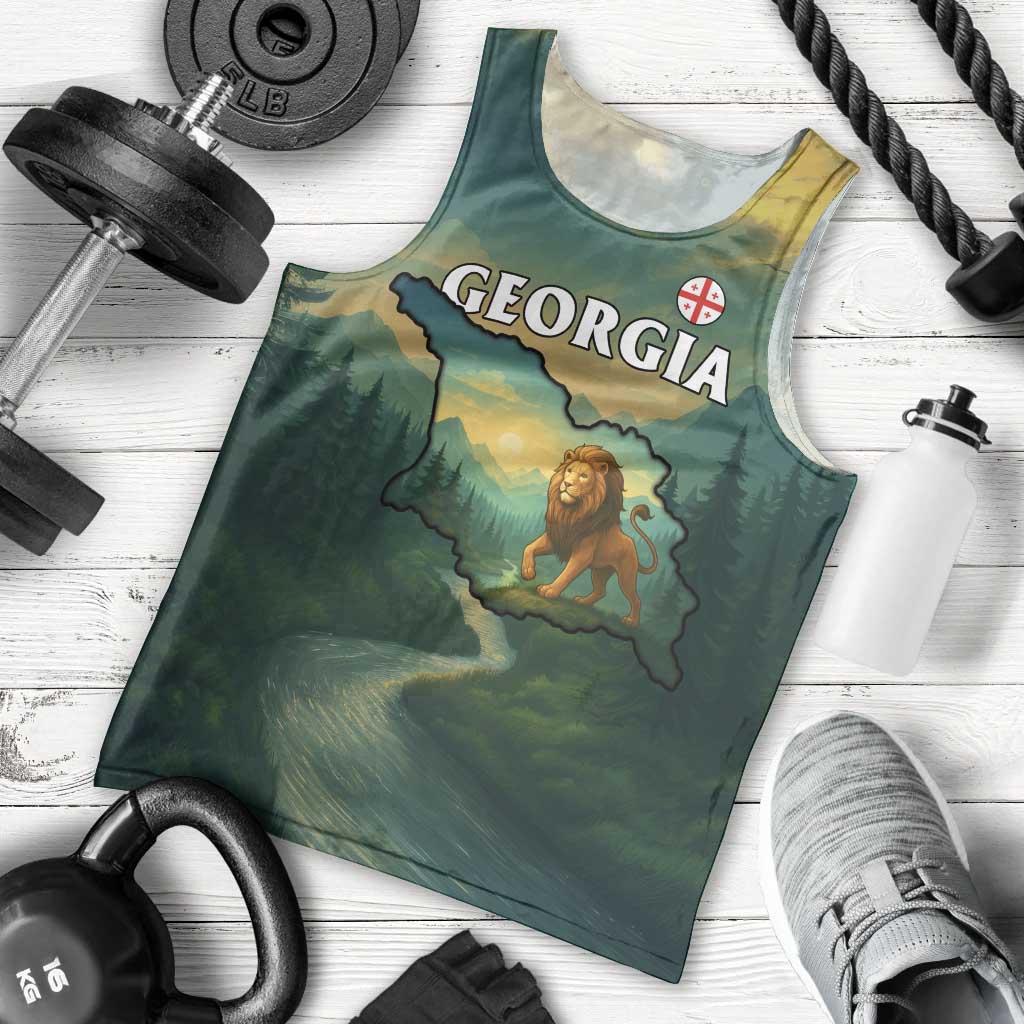 Georgia Men Tank Top with Green Mountain Landscape with Map Outline Lion and Legends Rise Quote Design - Wonder Print Shop