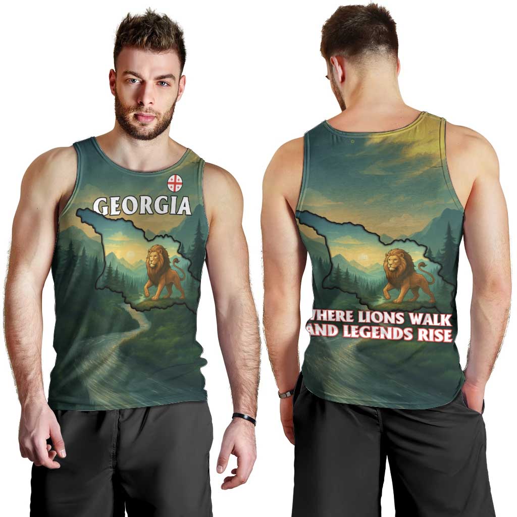 Georgia Men Tank Top with Green Mountain Landscape with Map Outline Lion and Legends Rise Quote Design - Wonder Print Shop