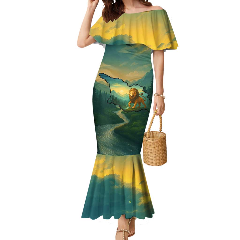 Georgia Mermaid Dress with Green Mountain Landscape with Map Outline Lion and Legends Rise Quote Design - Wonder Print Shop