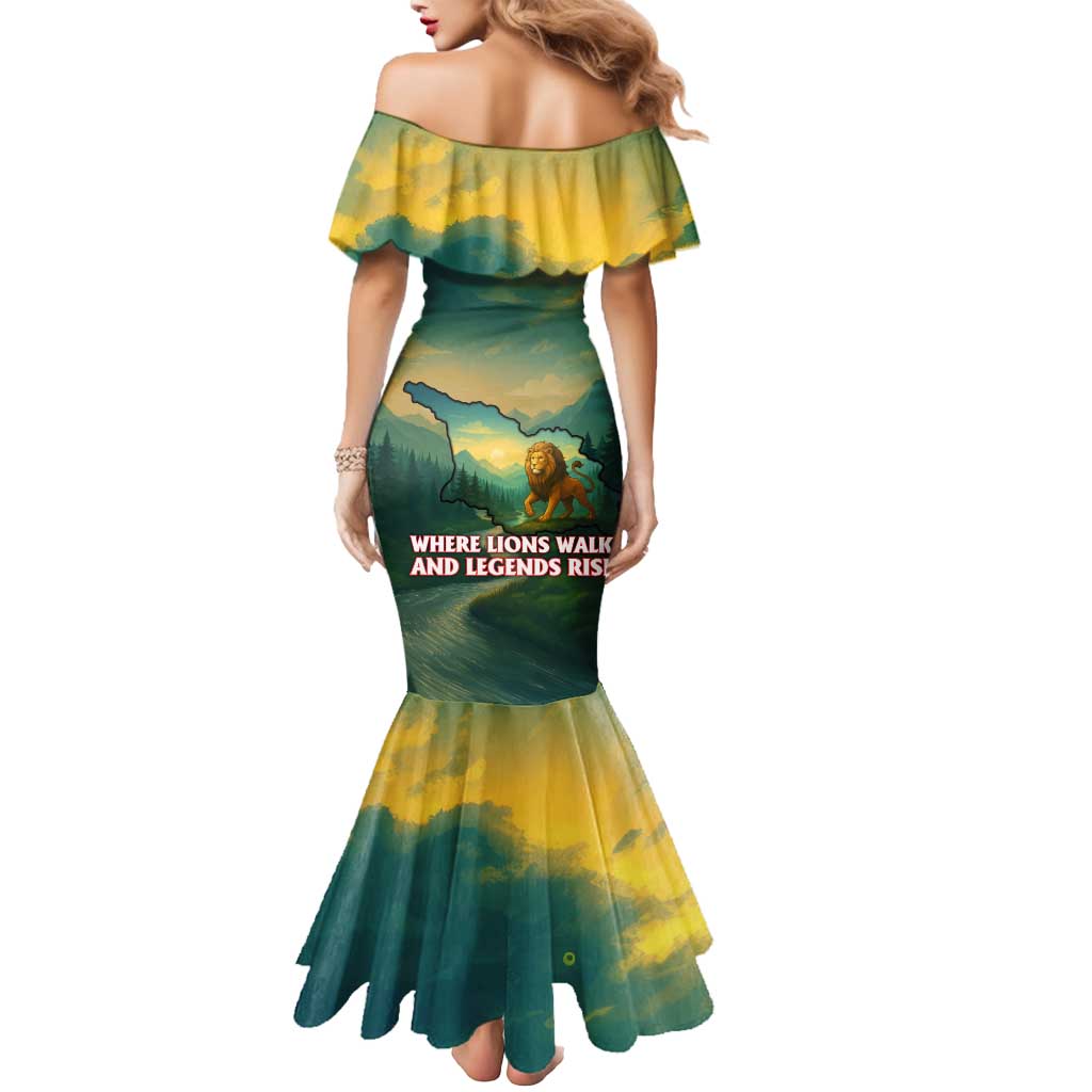 Georgia Mermaid Dress with Green Mountain Landscape with Map Outline Lion and Legends Rise Quote Design - Wonder Print Shop