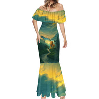 Georgia Mermaid Dress with Green Mountain Landscape with Map Outline Lion and Legends Rise Quote Design - Wonder Print Shop