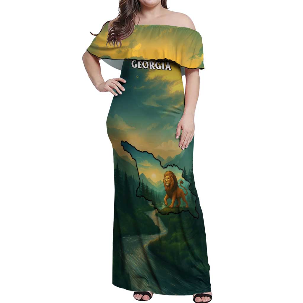 Georgia Off Shoulder Maxi Dress with Green Mountain Landscape with Map Outline Lion and Legends Rise Quote Design - Wonder Print Shop