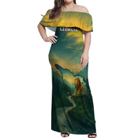 Georgia Off Shoulder Maxi Dress with Green Mountain Landscape with Map Outline Lion and Legends Rise Quote Design - Wonder Print Shop