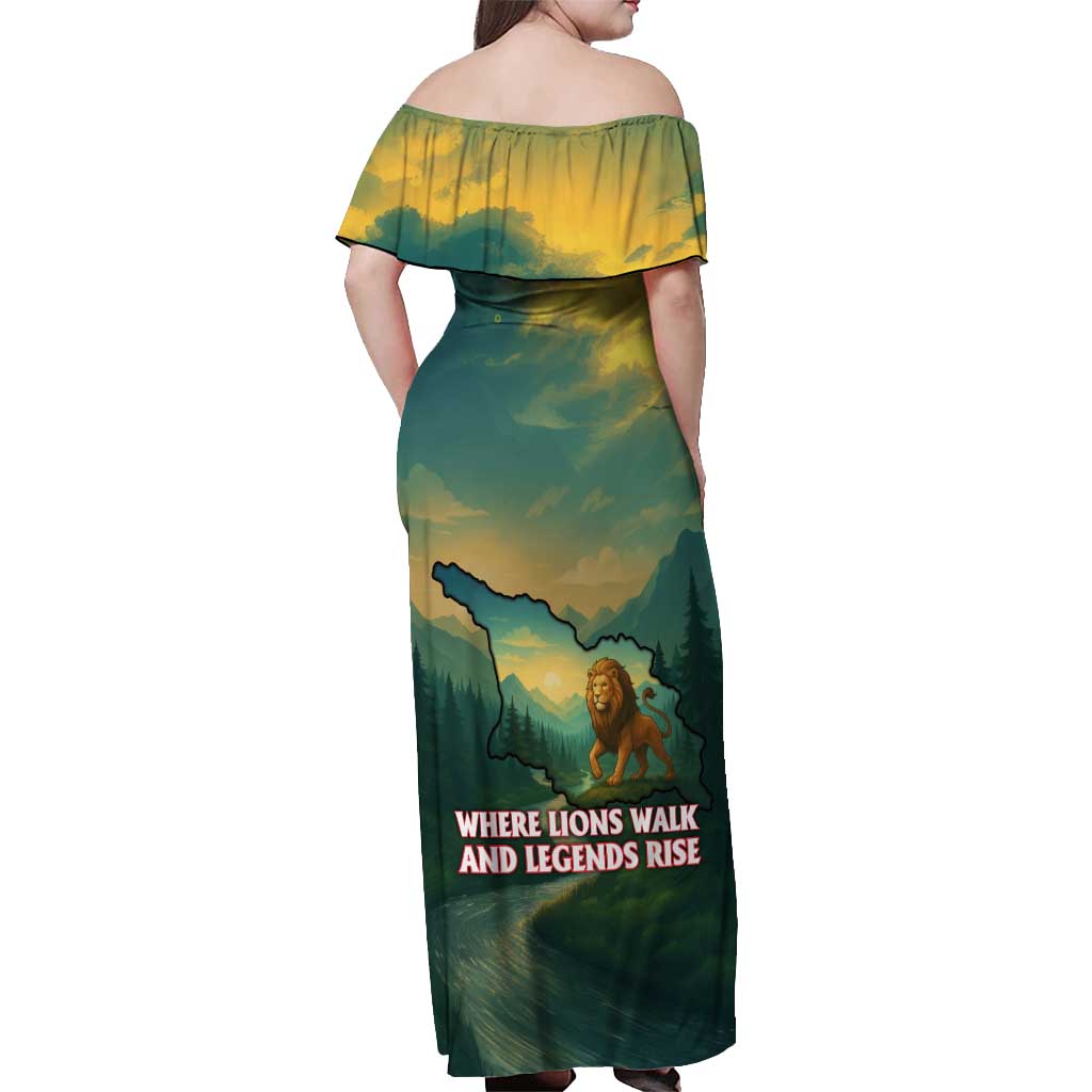 Georgia Off Shoulder Maxi Dress with Green Mountain Landscape with Map Outline Lion and Legends Rise Quote Design - Wonder Print Shop