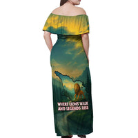 Georgia Off Shoulder Maxi Dress with Green Mountain Landscape with Map Outline Lion and Legends Rise Quote Design - Wonder Print Shop