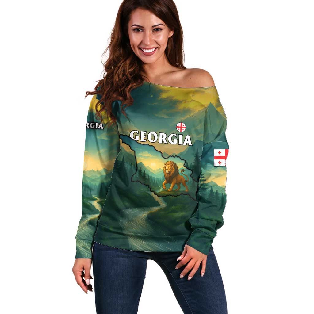 Georgia Off Shoulder Sweater with Green Mountain Landscape with Map Outline Lion and Legends Rise Quote Design - Wonder Print Shop