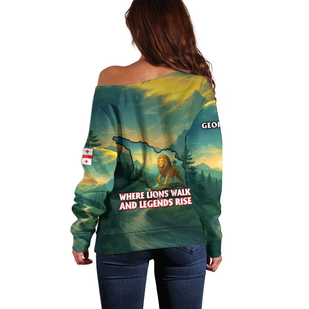 Georgia Off Shoulder Sweater with Green Mountain Landscape with Map Outline Lion and Legends Rise Quote Design - Wonder Print Shop
