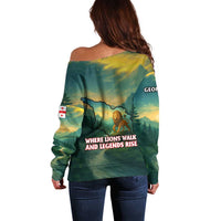 Georgia Off Shoulder Sweater with Green Mountain Landscape with Map Outline Lion and Legends Rise Quote Design - Wonder Print Shop