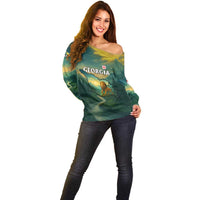 Georgia Off Shoulder Sweater with Green Mountain Landscape with Map Outline Lion and Legends Rise Quote Design - Wonder Print Shop
