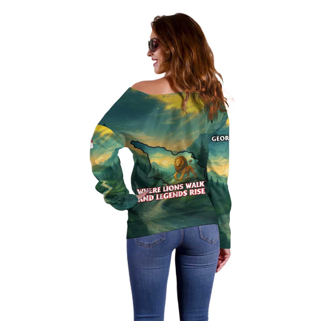 Georgia Off Shoulder Sweater with Green Mountain Landscape with Map Outline Lion and Legends Rise Quote Design - Wonder Print Shop