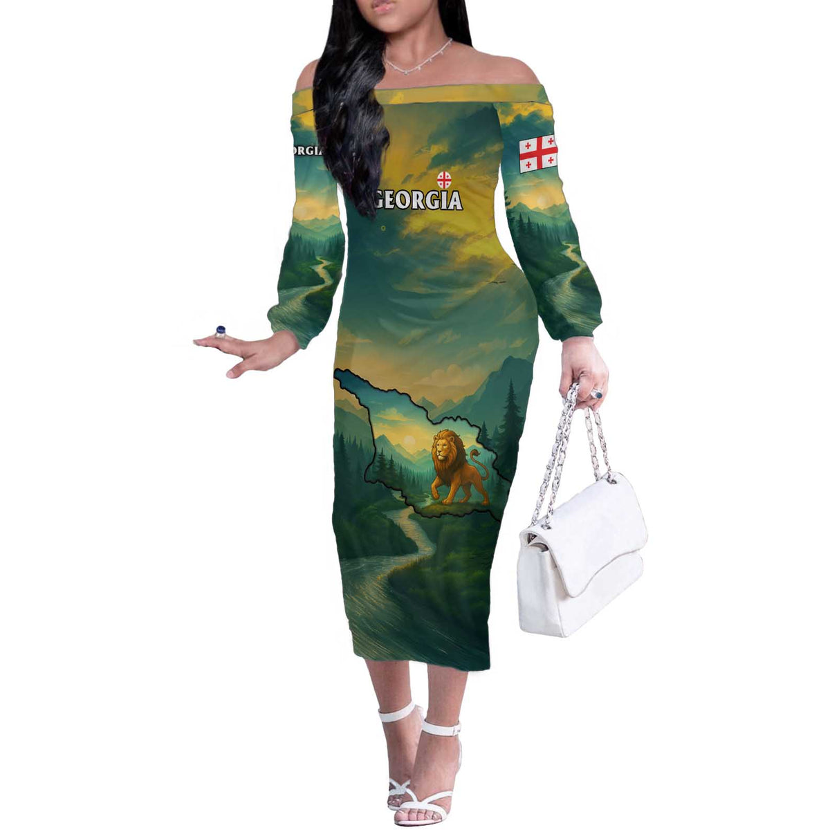 Georgia Off The Shoulder Long Sleeve Dress with Green Mountain Landscape with Map Outline Lion and Legends Rise Quote Design - Wonder Print Shop