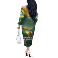 Georgia Off The Shoulder Long Sleeve Dress with Green Mountain Landscape with Map Outline Lion and Legends Rise Quote Design - Wonder Print Shop