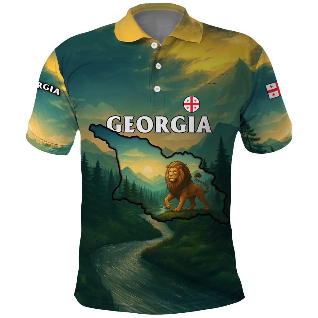 Georgia Polo Shirt with Green Mountain Landscape with Map Outline Lion and Legends Rise Quote Design - Wonder Print Shop