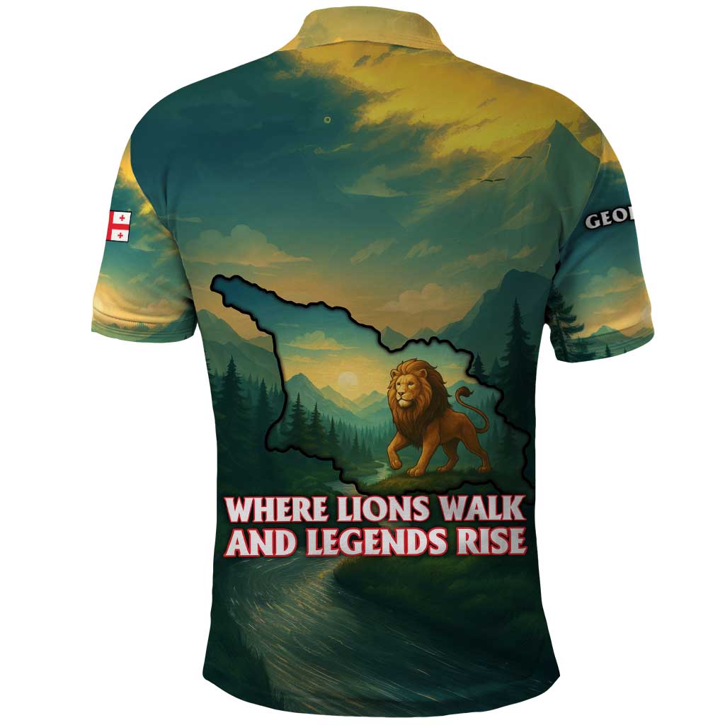 Georgia Polo Shirt with Green Mountain Landscape with Map Outline Lion and Legends Rise Quote Design - Wonder Print Shop