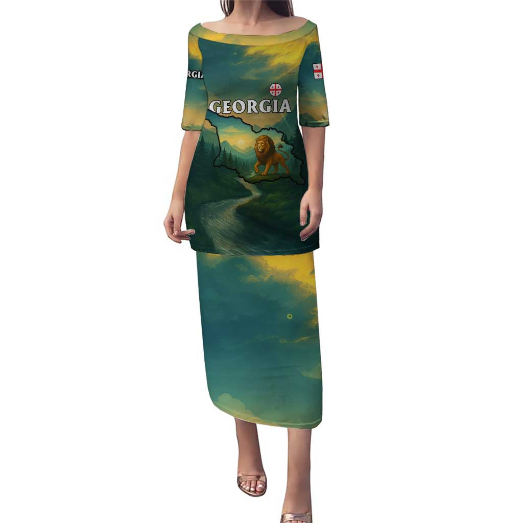 Georgia Puletasi with Green Mountain Landscape with Map Outline Lion and Legends Rise Quote Design - Wonder Print Shop