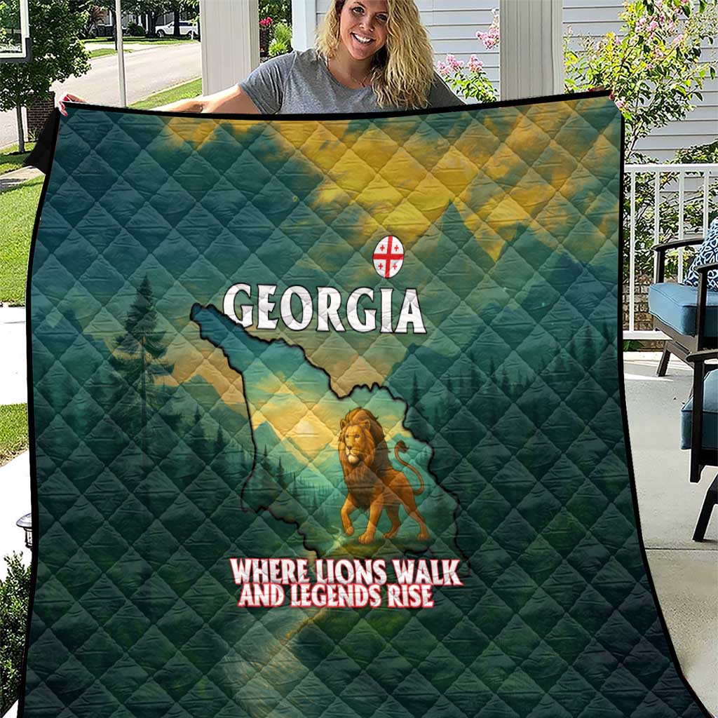Georgia Quilt with Green Mountain Landscape with Map Outline Lion and Legends Rise Quote Design - Wonder Print Shop