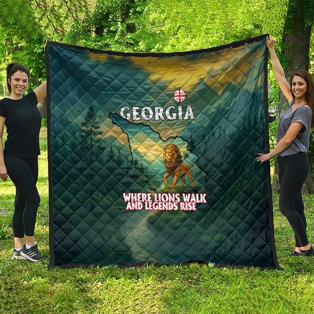 Georgia Quilt with Green Mountain Landscape with Map Outline Lion and Legends Rise Quote Design - Wonder Print Shop