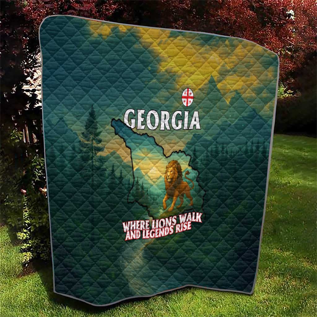 Georgia Quilt with Green Mountain Landscape with Map Outline Lion and Legends Rise Quote Design - Wonder Print Shop