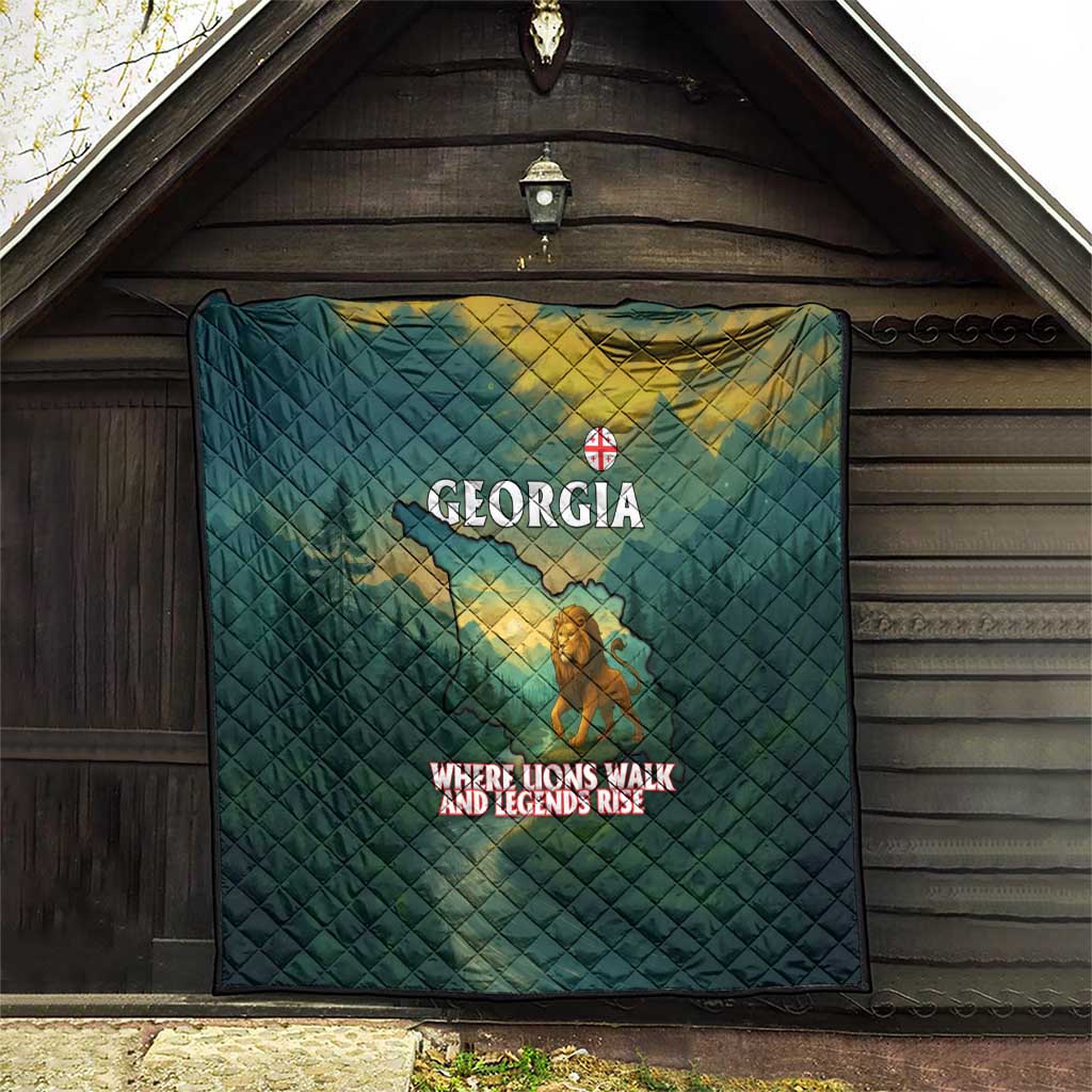 Georgia Quilt with Green Mountain Landscape with Map Outline Lion and Legends Rise Quote Design - Wonder Print Shop