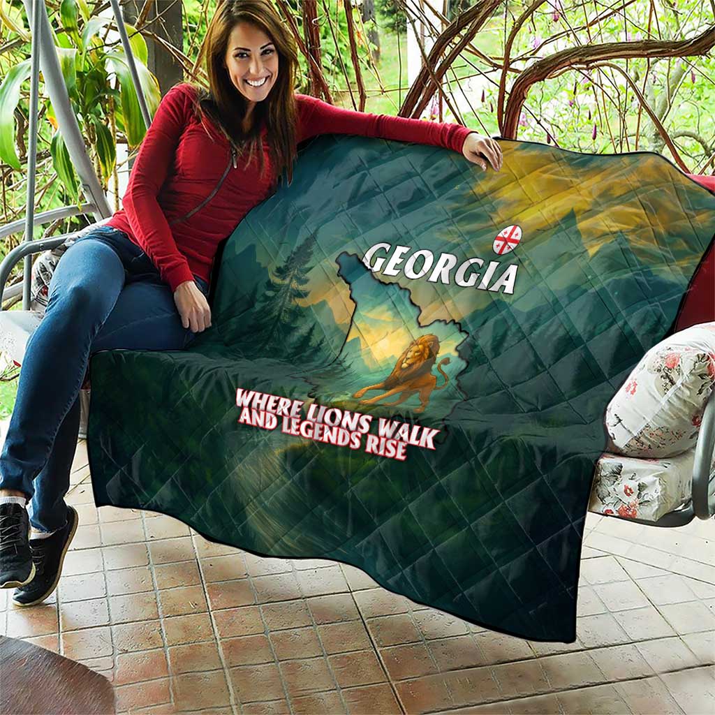 Georgia Quilt with Green Mountain Landscape with Map Outline Lion and Legends Rise Quote Design - Wonder Print Shop