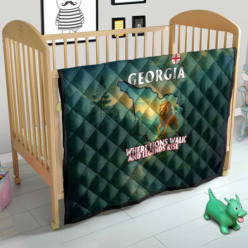 Georgia Quilt with Green Mountain Landscape with Map Outline Lion and Legends Rise Quote Design - Wonder Print Shop