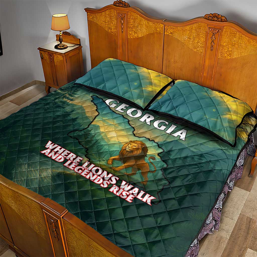 Georgia Quilt Bed Set with Green Mountain Landscape with Map Outline Lion and Legends Rise Quote Design - Wonder Print Shop